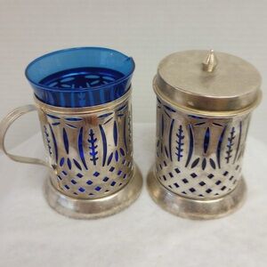 Vintage Silverplate & Cobalt Blue Glass Creamer + Sugar Set (Mid-Century)